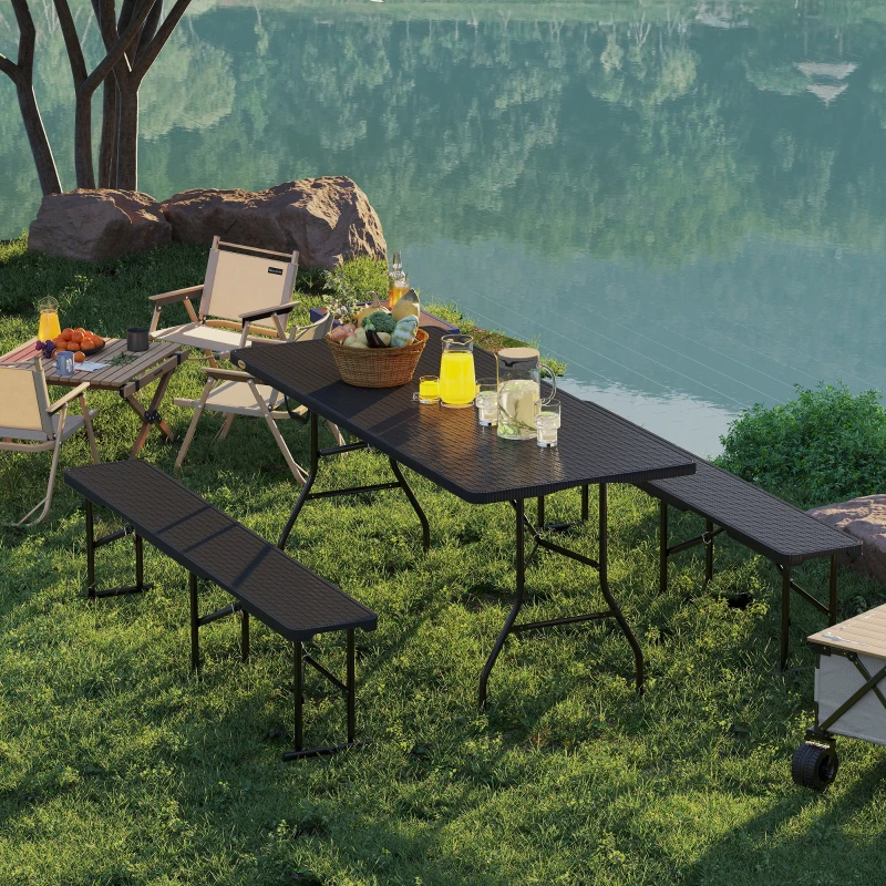 Outsunny Ensemble table pliante et bancs de pique-nique 180 cm avec poignées de transport, table et banc pliable effet rotin noir