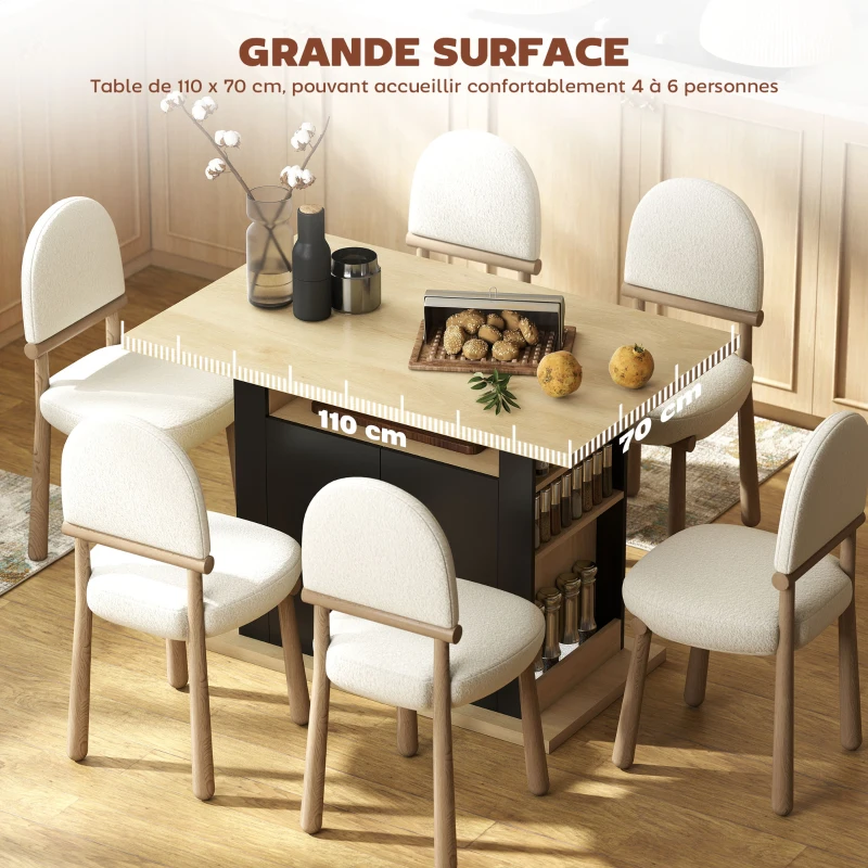 HOMCOM Table à manger ilot central cuisine avec grand plan de travail 4-6 personnes placard 4 portes 110 x 70 x 75,5 cm noir