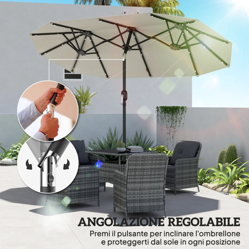 Outsunny Ombrellone Doppio con Luci LED e Manovella, in Poliestere e Acciaio, 2.92x1.5x2.2 m, Beige