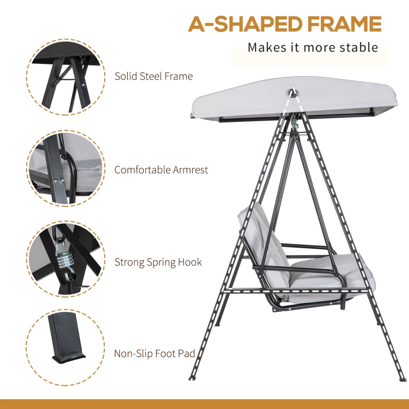 Huśtawka ogrodowa 2-osobowa, regulowany dach, szary kolor