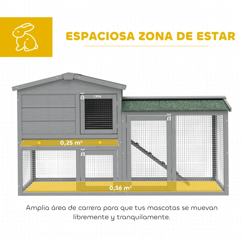 PawHut Conejera de Madera de 2 Niveles con Techo Asfáltico Bandeja Extraíble y Escalera para Exterior 150x45x85 cm Gris