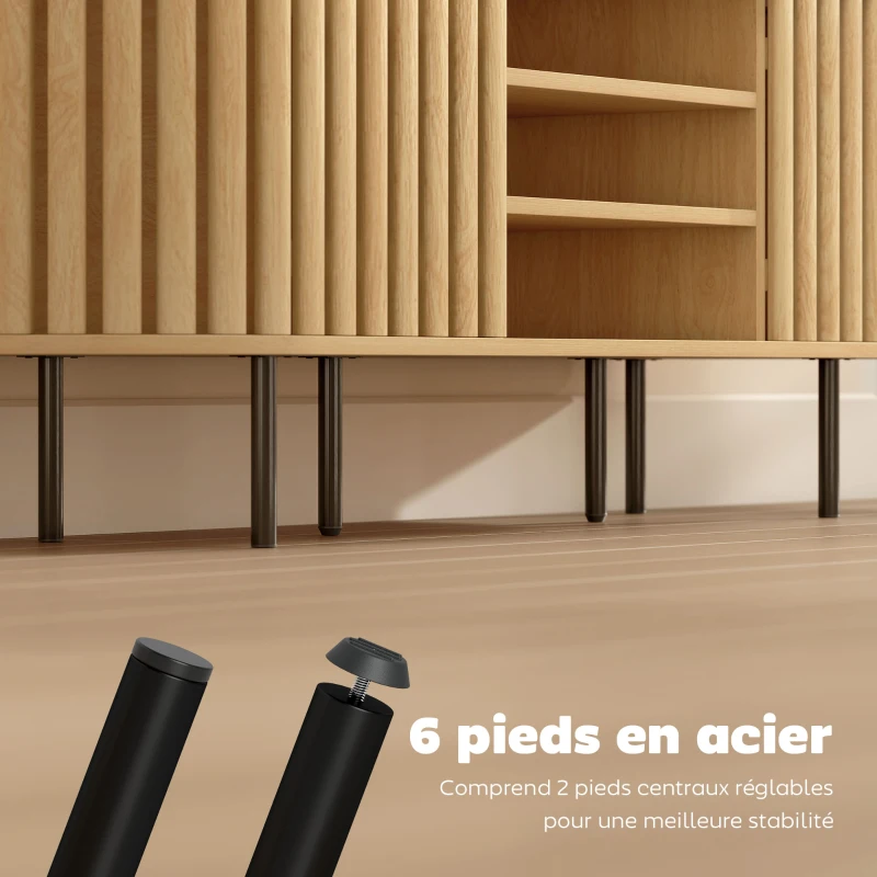 HOMCOM Meuble TV, meuble télé pour téléviseur 60 pouces, 2 portes à lattes, 140x40x52cm, bois naturel