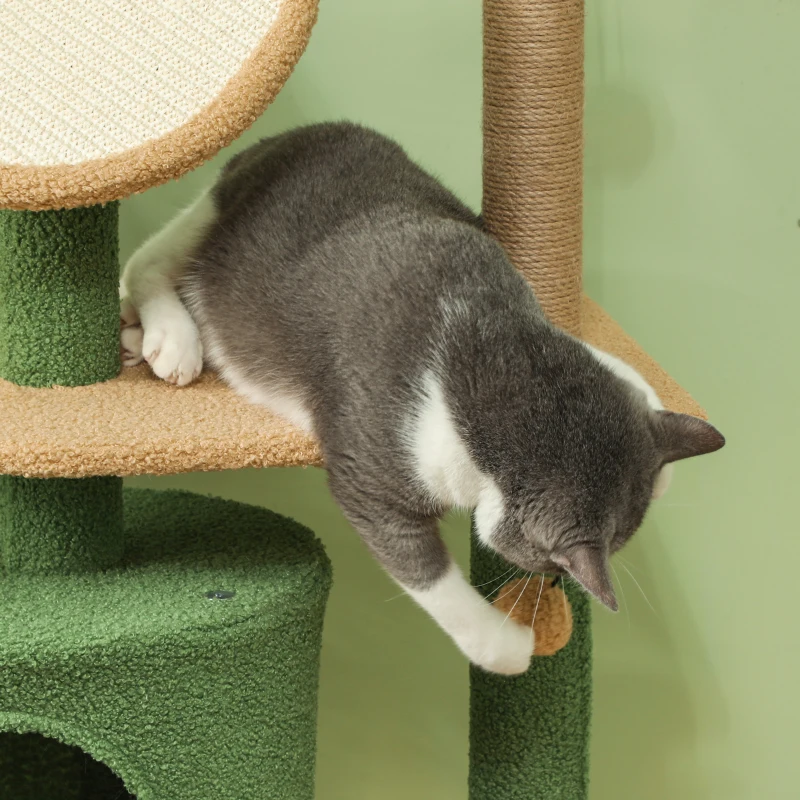 PawHut Cat Tree for Indoor Cat Large Adult with Green Leaves, 55 Inch Cat Tower with Cat Scratching Posts, Cat Condo, Scratching Pad, Ramp, Two Dangling Balls, Green