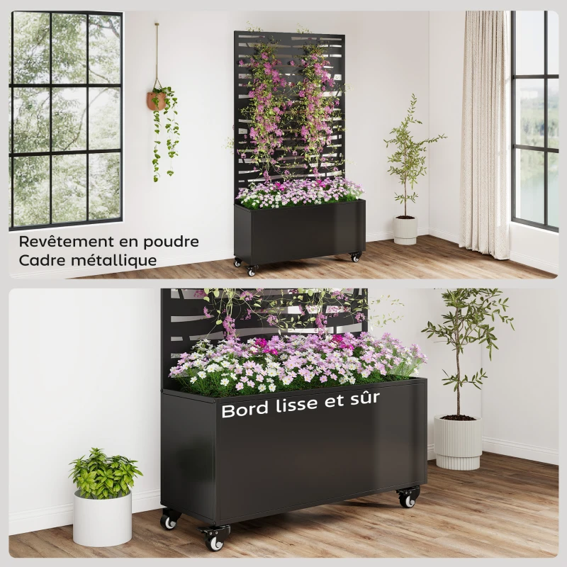 Outsunny Jardinière avec treillis, bac à fleurs en métal avec brise-vue et roues, treillis découpé en lattes, 90x30x160cm, noir