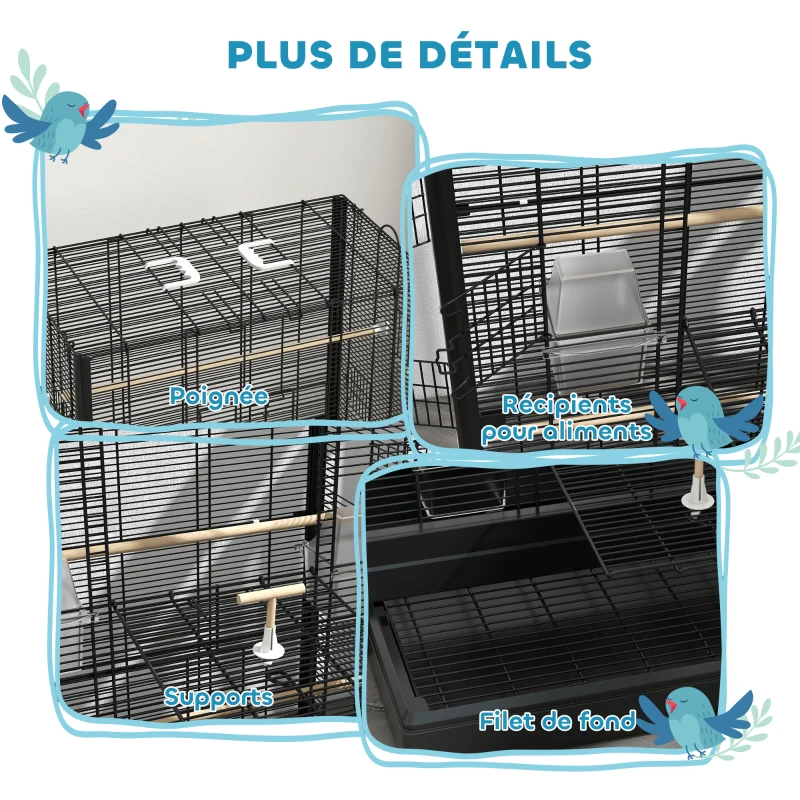 PawHut Cage à oiseaux volière avec portes perchoirs cage pour canaris perruches perroquets 61 x 36,5 x 98 cm noir
