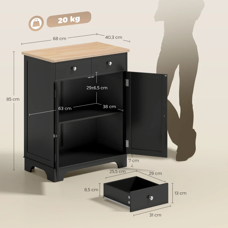 HOMCOM Meuble de rangement buffet salon avec placards, 2 tiroirs et étagères réglables, 68x40,3x85cm, noir et bois naturel