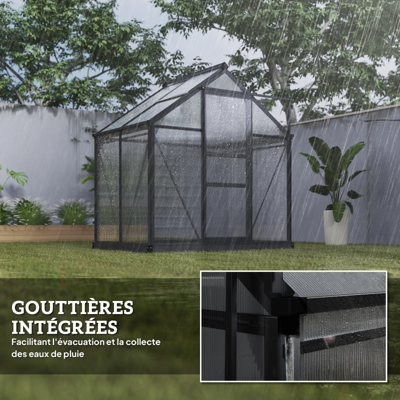 Outsunny Serre de jardin polycarbonate 190 x 132 x 201 cm résistant aux UV 30+ fondation renforcé gouttière gris