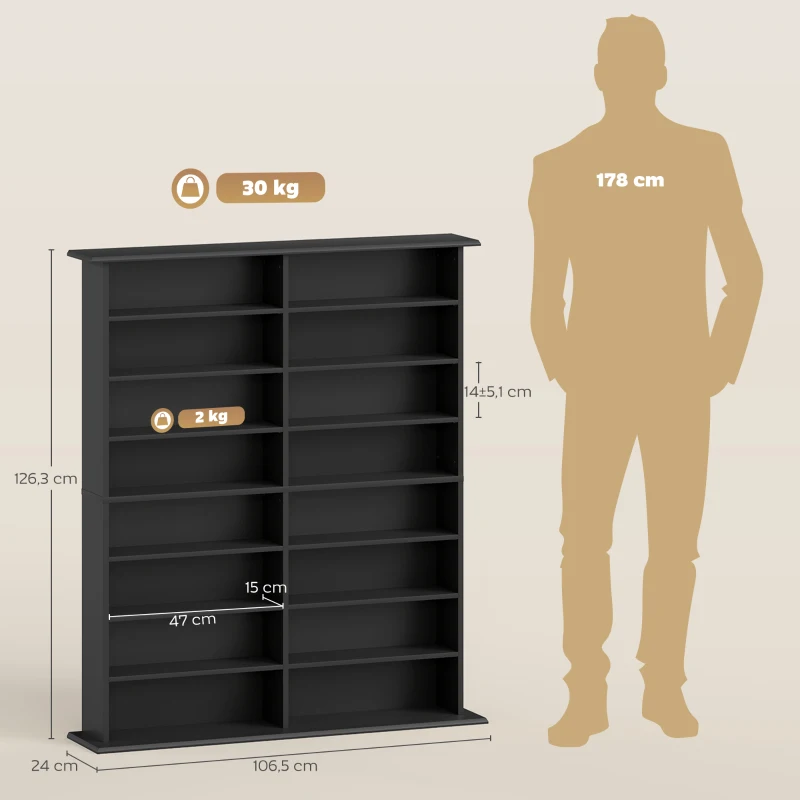 HOMCOM Rangements pour CD et DVD avec 16 compartiments et 12 étagères réglables capacité max. 720 CD/396 DVD et Blu-ray noir(m-3)