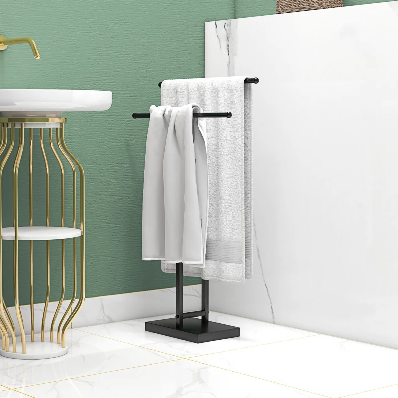 HOMCOM Porte-serviettes sur pied autoportant 2 niveaux en métal pour la salle de bain, dim. 50l x 18,5P x 85H cm, noir