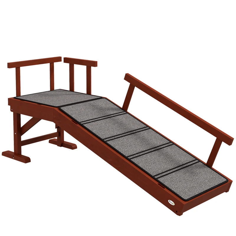 PawHut Wooden Dog Ramp with Removable Guardrails, Non-Slip Surface, 125 cm Long, Brown