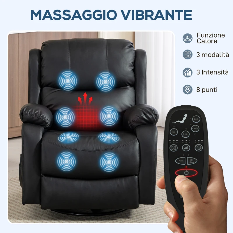 HOMCOM Poltrona Relax Reclinabile con 8 Punti Massaggianti, Riscaldanti e Poggiapiedi, 87x97X100 cm, Nero