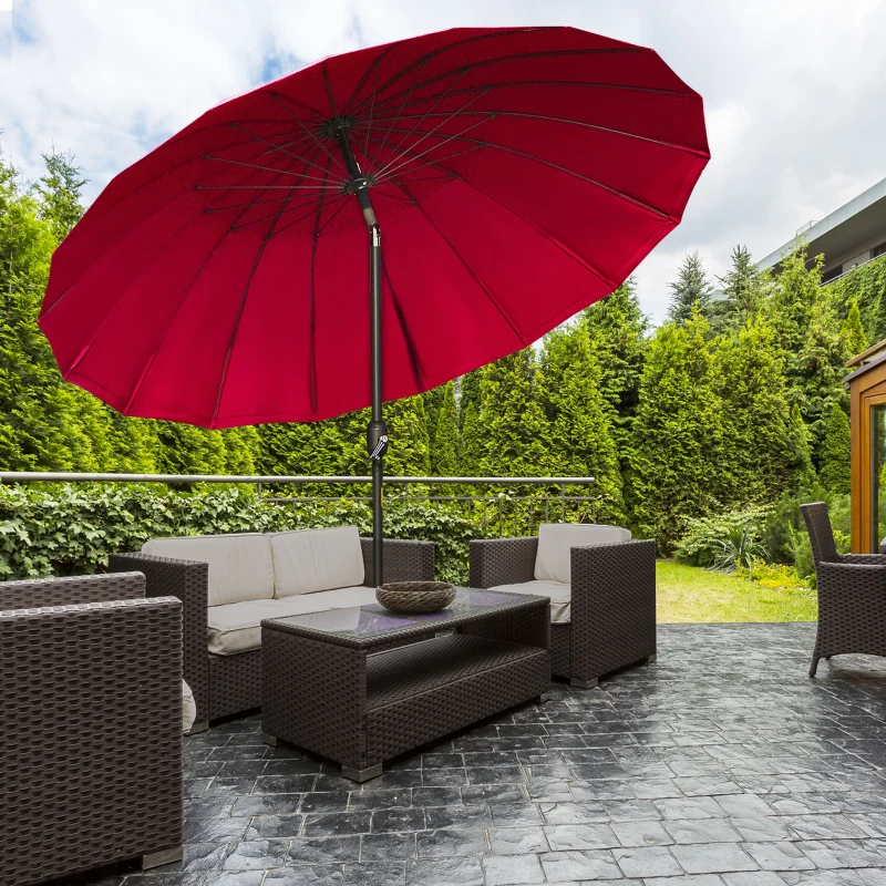 Outsunny Parasol droit parasol de jardin inclinable rond avec 18 baleines manivelle mât en métal fibre de verre Ø 2,5m polyester haute densité rouge vineux