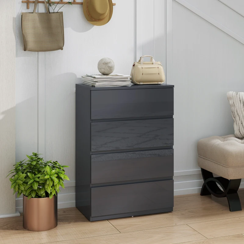 HOMCOM Commode 4 tiroirs, meuble de rangement à haute brillance, fermeture douce et silencieuse, 55 x 34 x 80 cm, gris