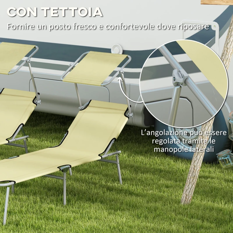 Outsunny Set 2 Sdraio da Giardino Pieghevoli con Schienale e Tettuccio Regolabili, 187x58x36 cm, Beige