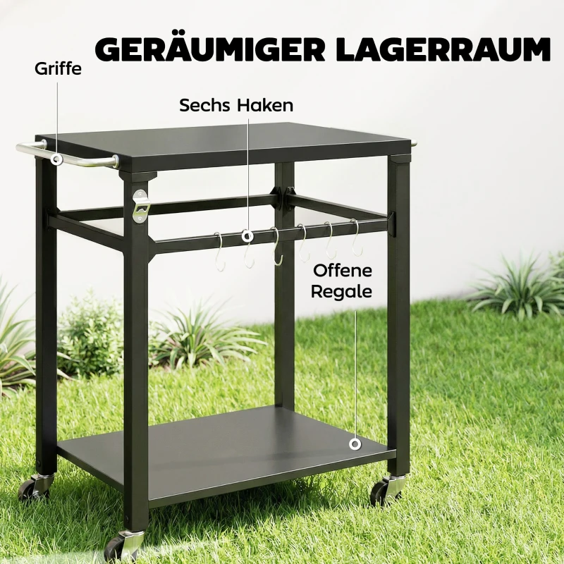 Outsunny Outdoor-Grillwagen, Pizzaofen-Stand mit Metalloberfläche, 2-stufige rollende Küchenstation mit Haken und Griff, Schwarz