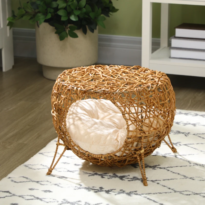 PawHut Niche pour chat lit pour chat panier chat maison de chat en rotin coussin épais Ø 40 x 32 cm marron clair