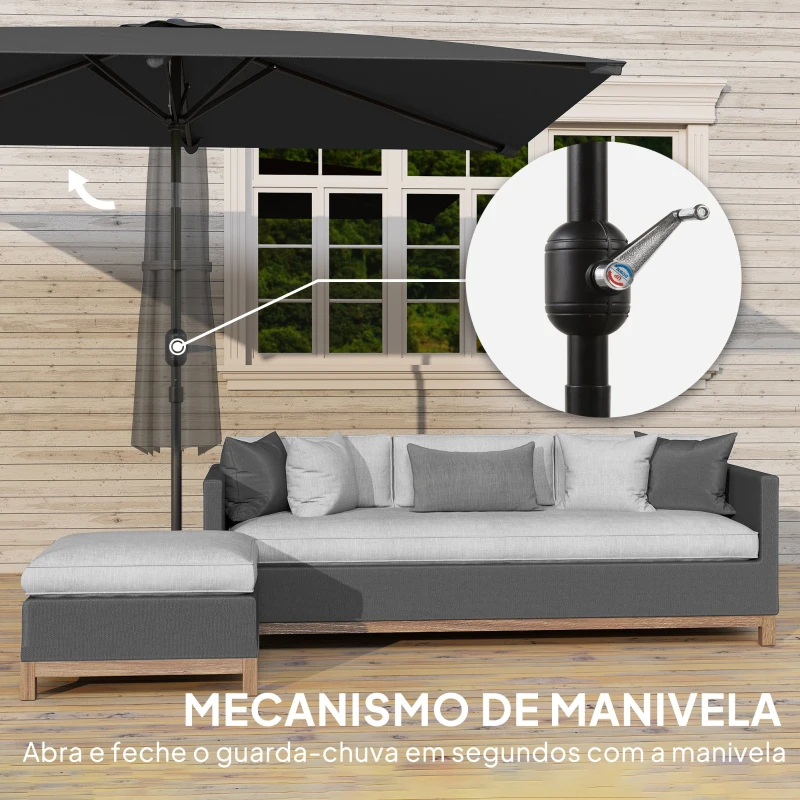 Outsunny Chapéu de Sol de Alumínio 198x294x255 cm Chapéu  Retangular de Jardim Inclinável com Manivela e Mastro Desmontável Cinzento
