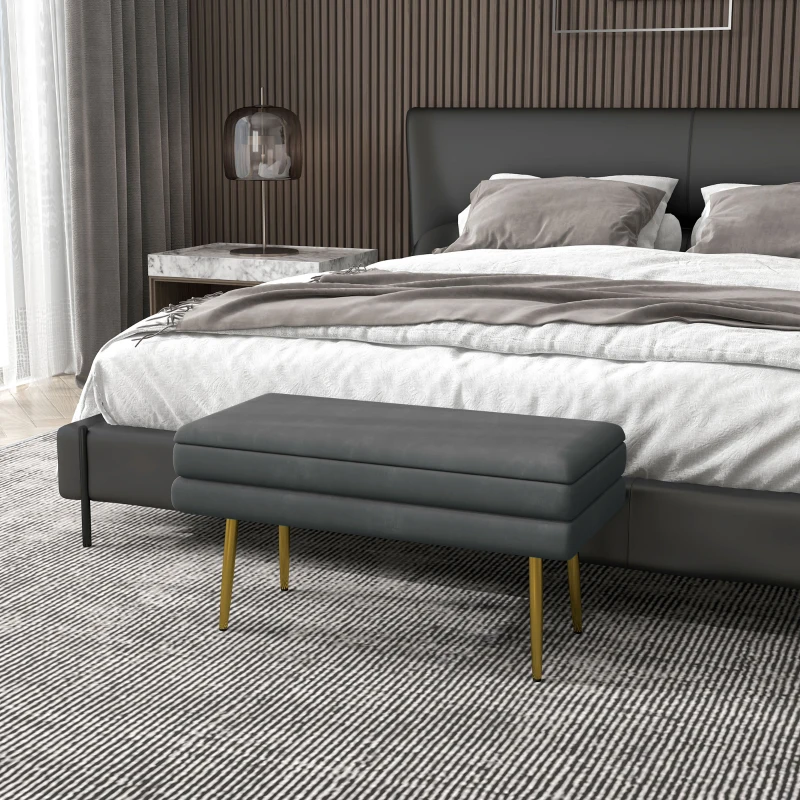 HOMCOM Banc banquette coffre de rangement 2 en 1 assise aspect velours et pieds acier - 79,5L x 37,5P x 43H cm gris et doré