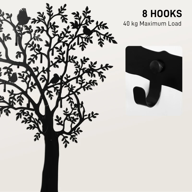 HOMCOM Wieszak ścienny, Wieszak na płaszcze montowany na ścianie, Design drzewa z ptakami, Czarny