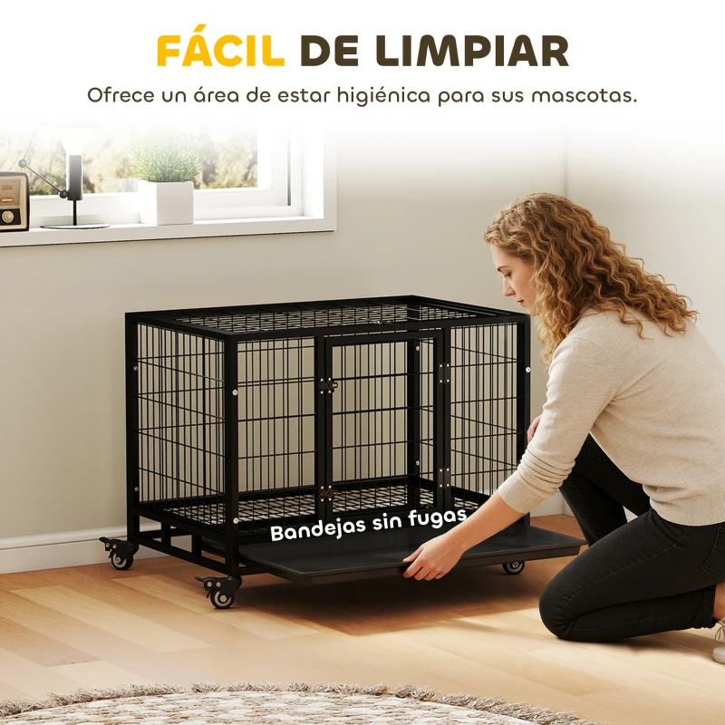 PawHut Jaula de Metal para Perros con Ruedas y Frenos Bandeja Extraíble y Puerta con Pestillo para Golden Retriver Labrador 92x62x75 cm Negro