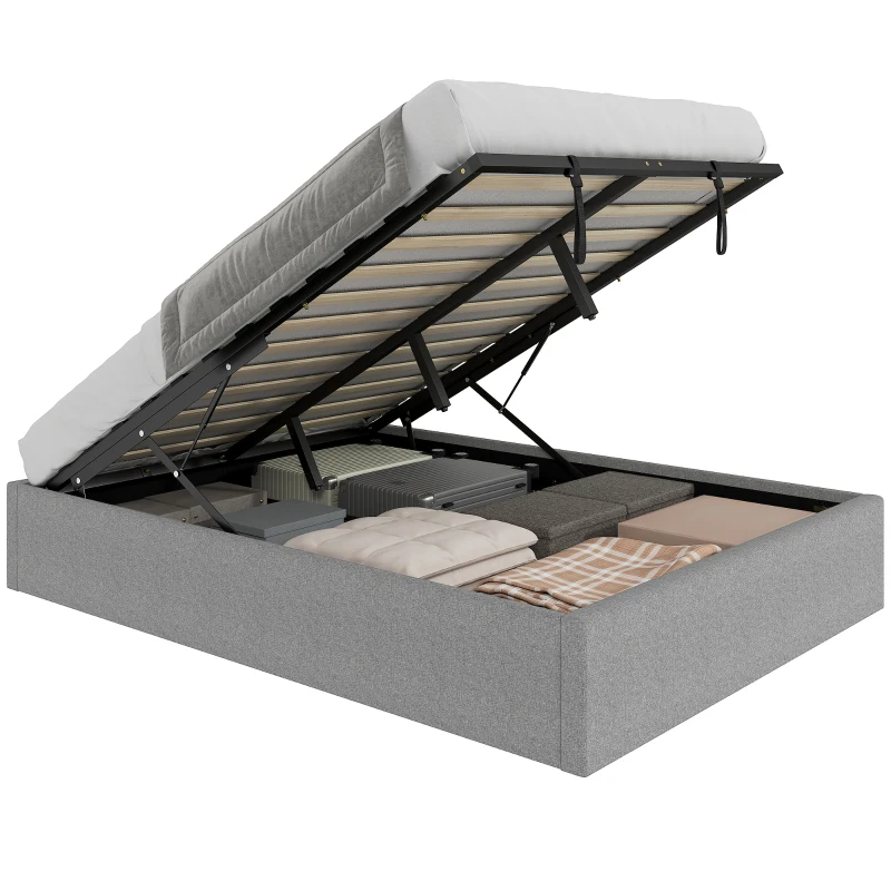 HOMCOM Lit coffre 140 x 190 cm, cadre de lit double rembourré, sommier à lattes en bois, rangement caché, sans bruit, gris