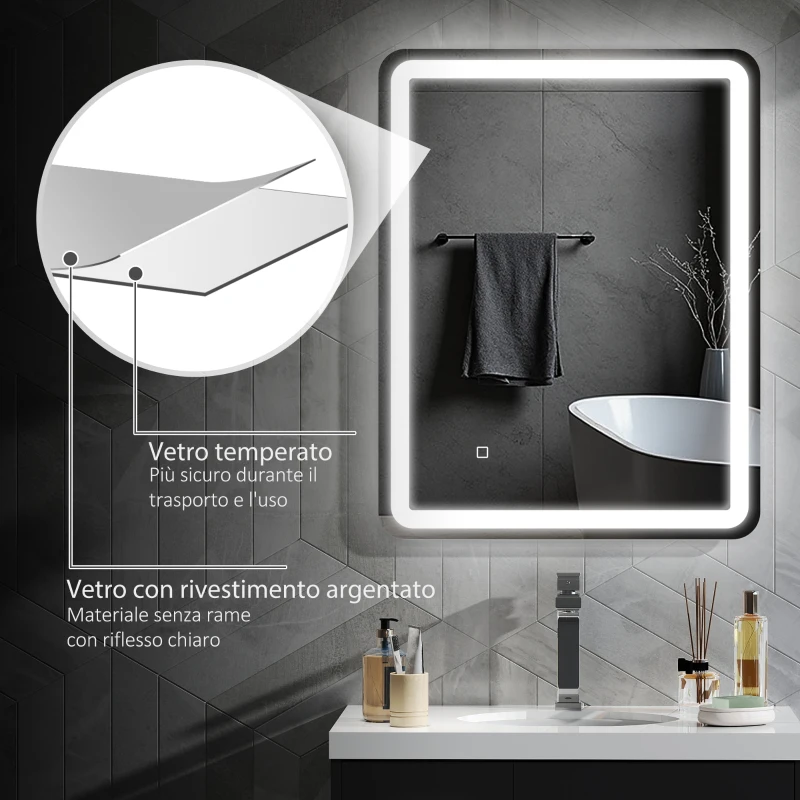 HOMCOM Specchio Bagno LED Touch con Luce Dimmerabile, a 3 Temperature e Antiappannamento, 70x90 cm