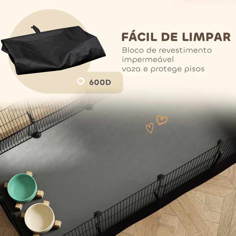 PawHut Cerca Metálica para Animais de 12 Painéis DIY Tapete Impermeável Parque para Porquinhos-da-Índia Ouriços 120x60x40 cm Preto