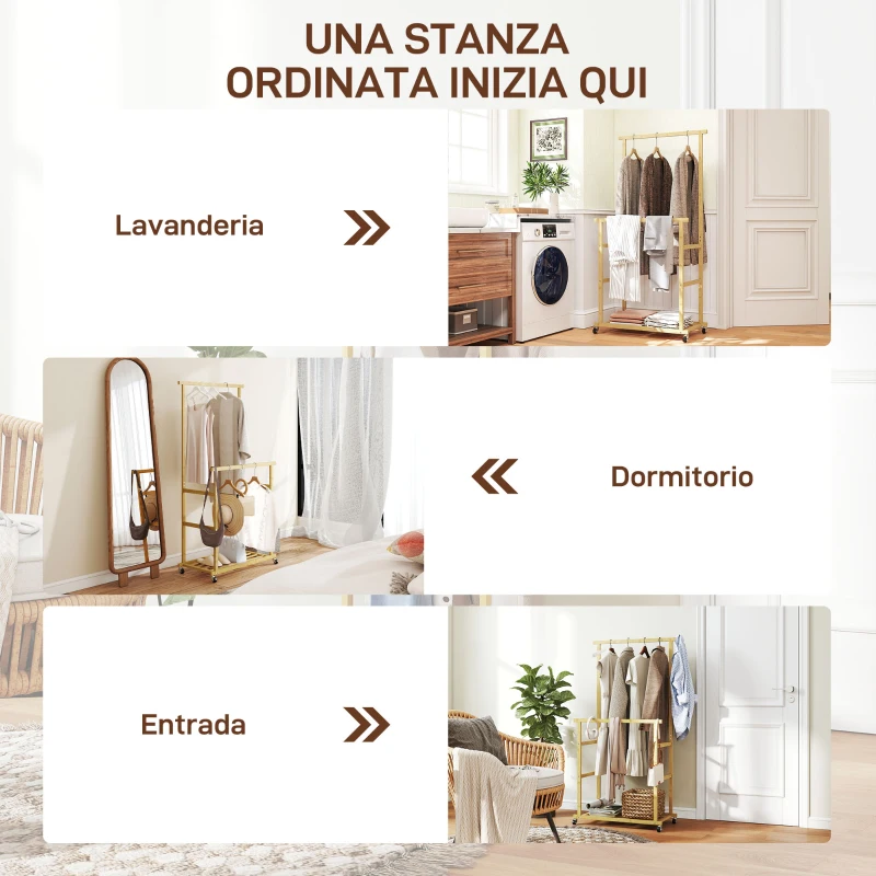 HOMCOM Stender Appendiabiti con 2 Barre, Ripiano Inferiore e 4 Ruote in Bambù, 80x40x160 cm, Legno Naturale