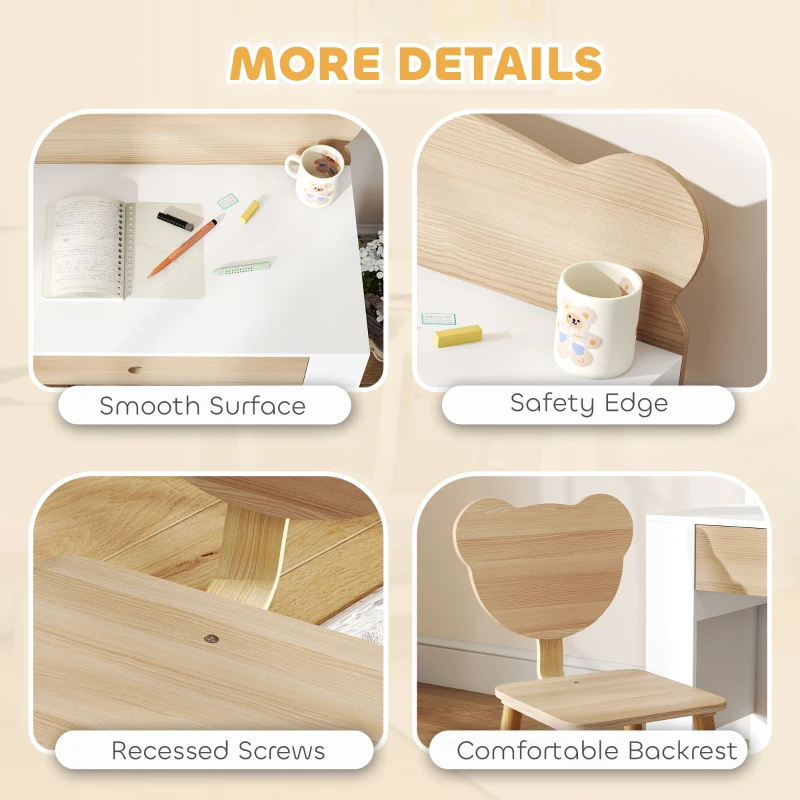 AIYAPLAY Zestaw biurko dla dzieci, stół roboczy i krzesło w kształcie niedźwiedzia, z szufladą, do pisania i majsterkowania, 3-8 lat, naturalne drewno