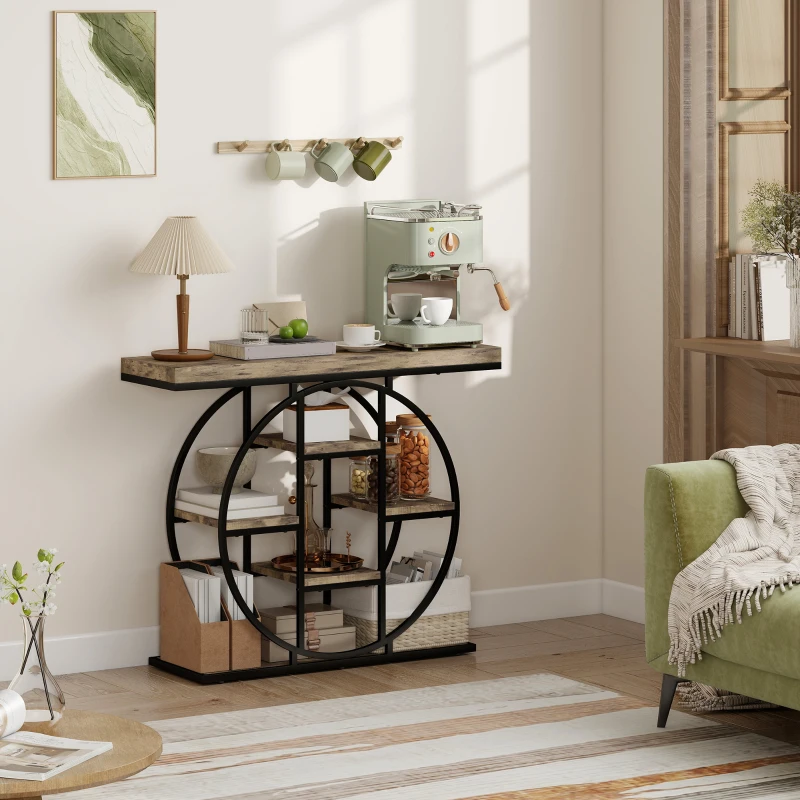 HOMCOM Industrial Console Table with Storage Shelves - Rustic Brown