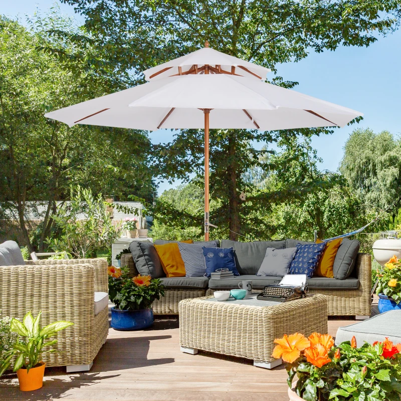 Outsunny Parasol droit Parasol de jardin rond en Bois 2 Toit Polyester 180 g/m² dia. 2,7 x 2,6H m blanc