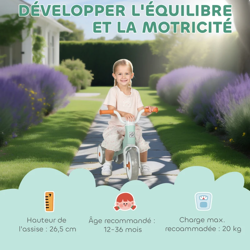 AIYAPLAY Draisienne bébé 1-3 ans jusqu'à 20 kg, vélo enfants sans pédale, 3 roues silencieuses, 69 x 40 x 49 cm, vert
