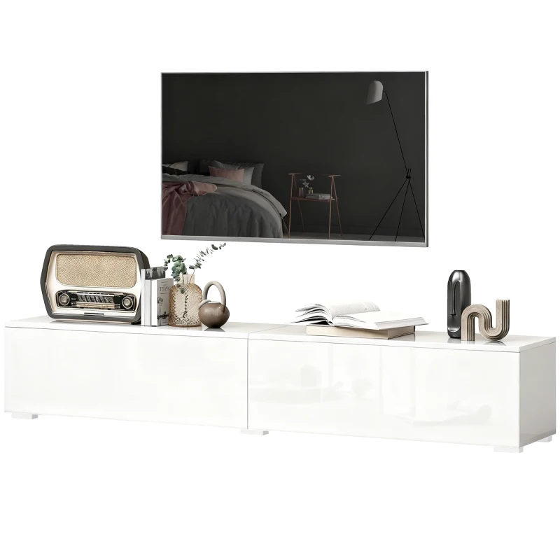 HOMCOM Dulap TV Suspendat 180 cm pentru TV până la 75 Inch, Dulap Modern pentru Living cu Uși cu Deschidere prin Apăsare și Orificii pentru Cabluri, Consolă Multimedia Montată pe Perete, Alb Lucios