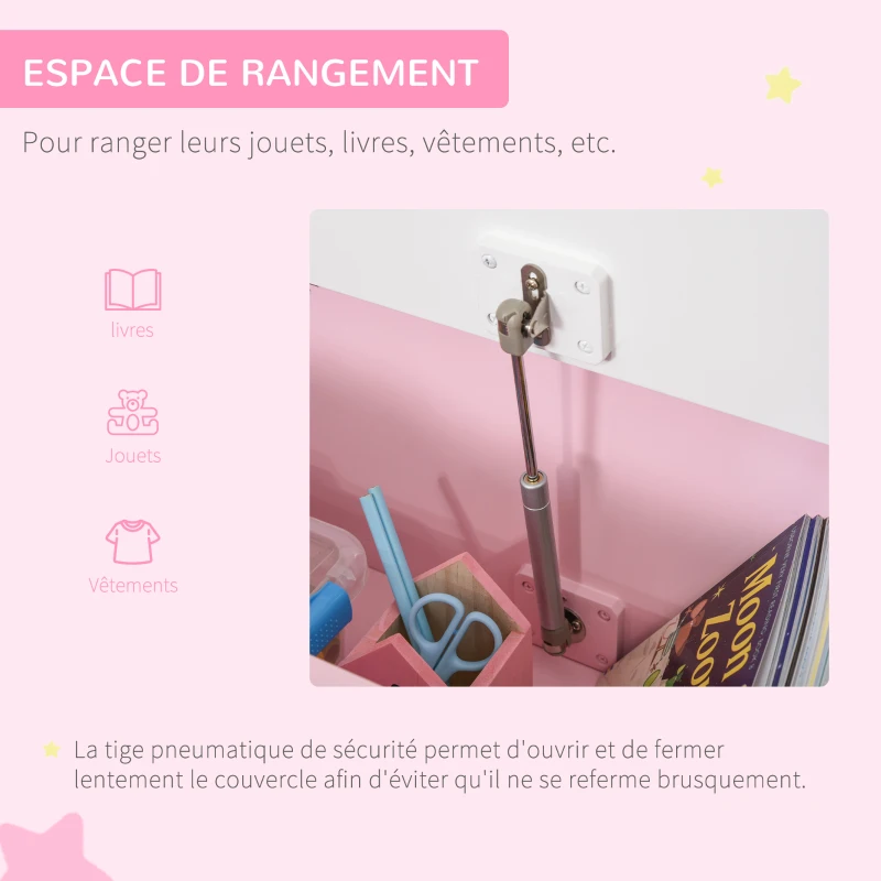 HOMCOM Coffre à jouet enfant banc de rangement enfant couvercle rabattable et charnières de sécurité 60 x 30 x 50 cm rose