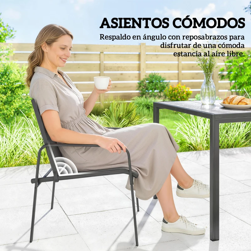 Outsunny Conjunto de Mesa y Sillas Jardín con Mesa de Efecto Madera y 6 Sillas con Asiento Transpirable para Terraza Patio Negro