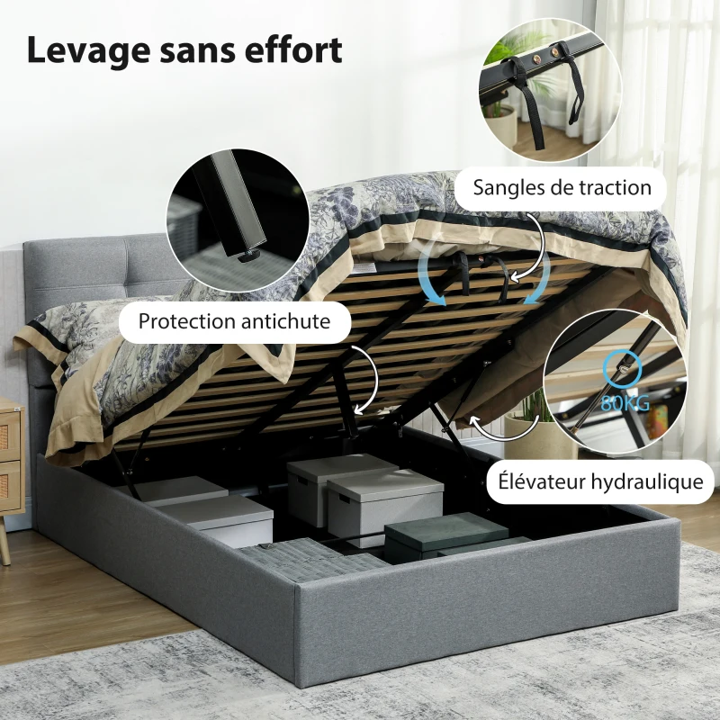 HOMCOM Lit coffre 140x190, cadre de lit double rembourré avec sommier à lattes en bois et rangement cach, sans matelas, gris