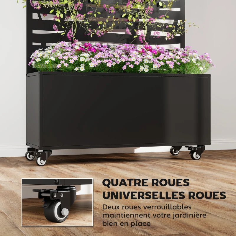 Outsunny Jardinière avec treillis, bac à fleurs en métal avec brise-vue et roues, treillis découpé en lattes, 90x30x160cm, noir