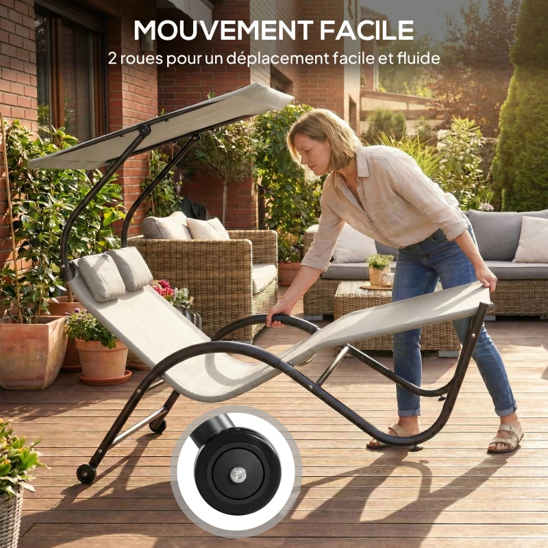 Outsunny Chaise longue bain de soleil transat avec auvent oreiller et roulettes en acier et polyester crème