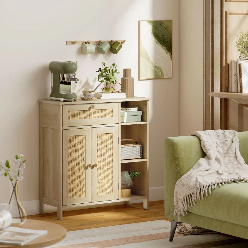 HOMCOM Buffet, meuble de rangement, 2 portes en rotin, tiroir, niches ouvertes, étagères réglables, 75x30x79,5cm, bois naturel