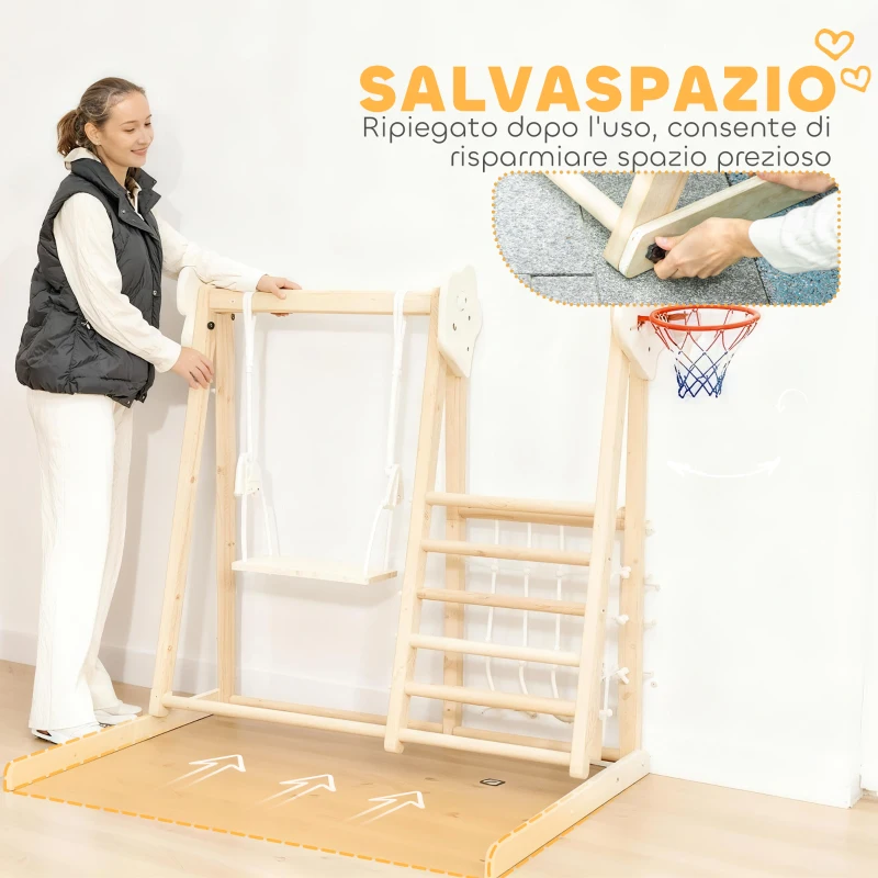 AIYAPLAY Gioco Arrampicata 5 in 1 Pieghevole con Scivolo, 2 Pareti, Altalena e Canestro, in Legno, 140x172.5x116.5 cm