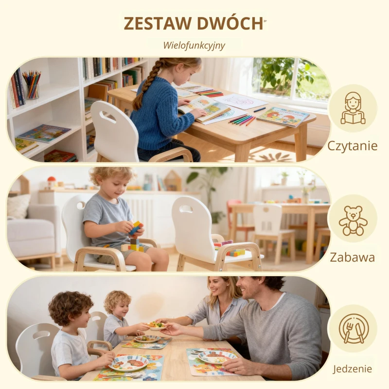 AIYAPLAY zestaw drewnianych krzeseł dla dzieci, antypoślizgowe nakładki na nóżki, 3–15 lat, regulacja wysokości, Biały