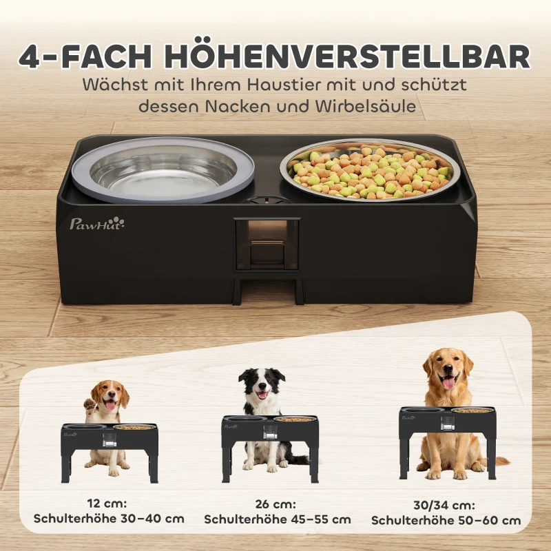 PawHut Erhöhter Hundenapf Höhenverstellbar Futternapf mit Wassernapf 2 Edelstahlnäpfen für kleine bis große Hunde Schwarz