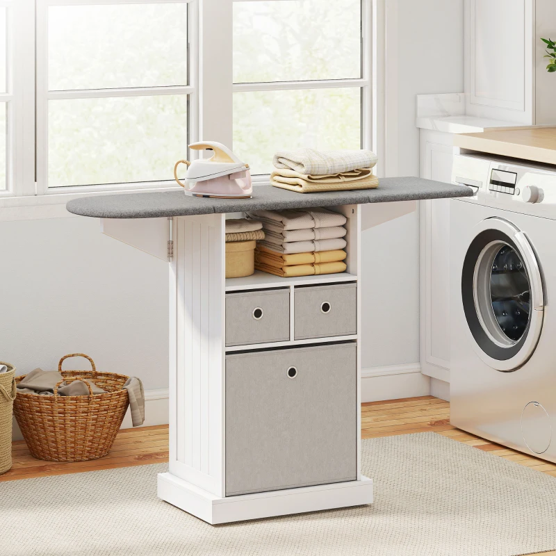 HOMCOM Móvel para Engomar Roupa com Rodas Tábua de Engomar Dobrável com 3 Gavetas Compartimento Aberto 121x37x89,5 cm Branco