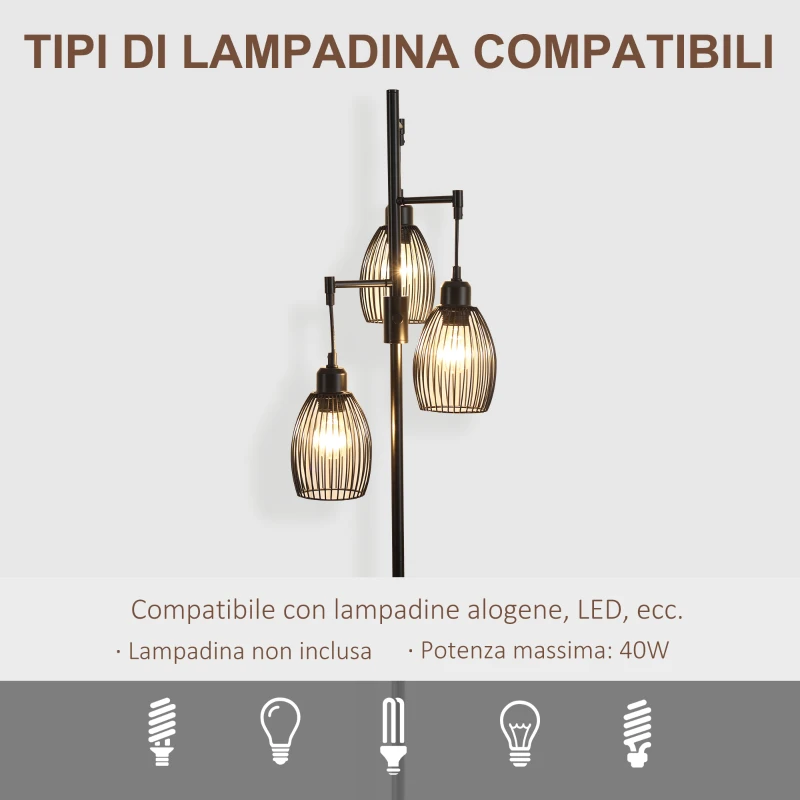 HOMCOM Lampada da Terra Industriale con 3 Paralumi e Intensità Regolabile, in Acciaio, 30x30x170.5 cm, Nero