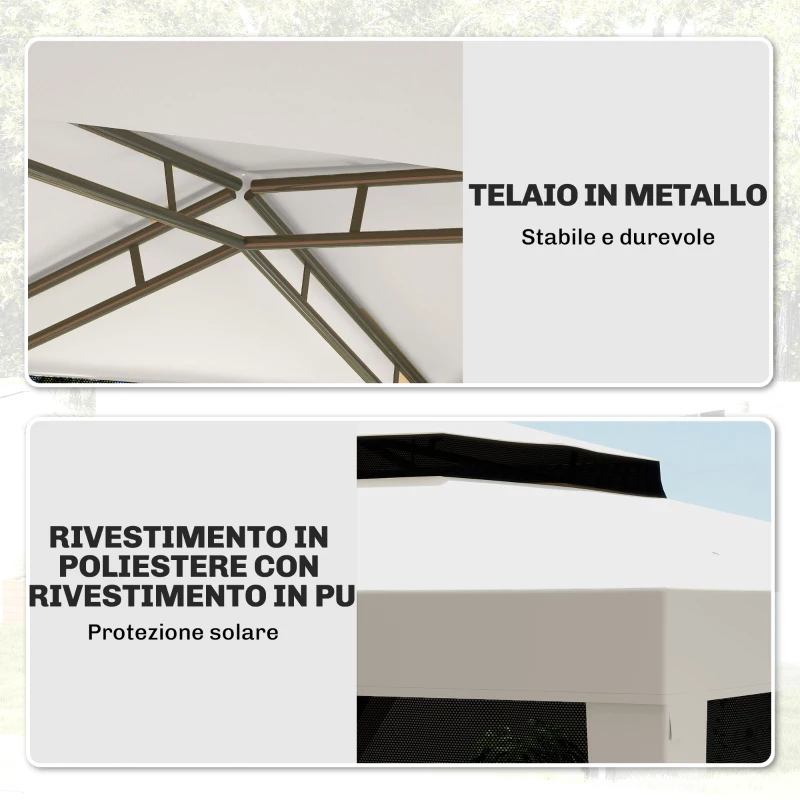 Outsunny Gazebo da Giardino 3x3 m con Zanzariera, Doppio Tetto e 8 Fori, in Acciaio e Poliestere Bianco Crema