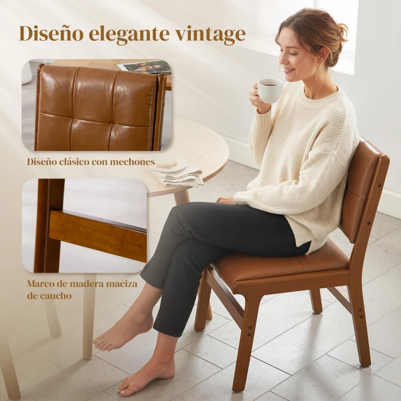 HOMCOM Pack de 2 Sillas de Comedor Tapizadas en PU Asiento Acolchado Patas de Madera para Salón Marrón
