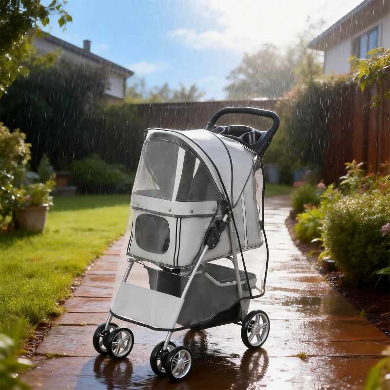 PawHut Carrinho para Cães Carrinho Dobrável para Gatos até 10kg com Capa de Chuva Faixas Refletoras Cesto de Armazenamento 77x44x102 cm Cinza