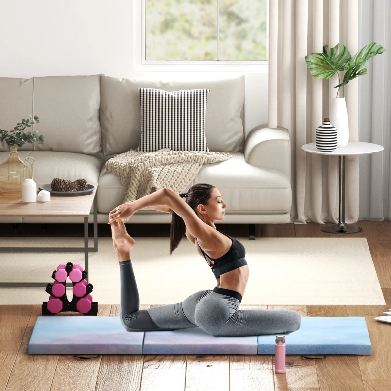 HOMCOM Tapis de gymnastique yoga pilates fitness pliable en 3 panneaux avec poignées revêtement synthétique 180 x 60 x 5cm bleu