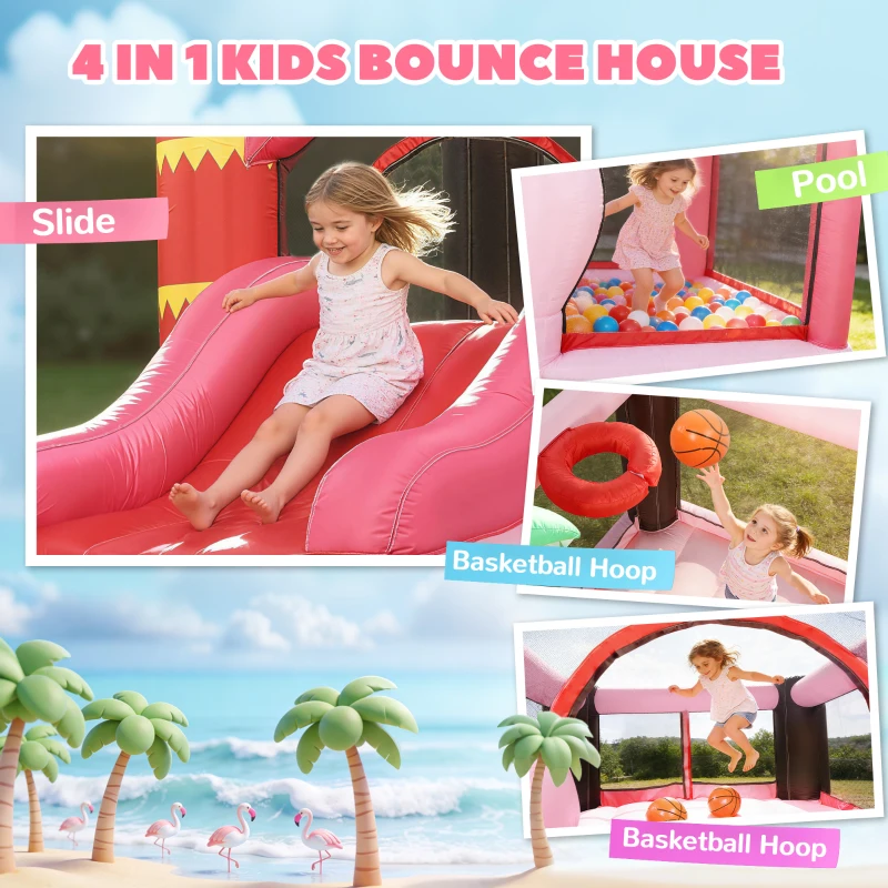 AIYAPLAY Inflatable Bounce House for Kids with Slide, Ball Pit, Basketball Hoop and Blower for Indoor Outdoor Garden, Pink
