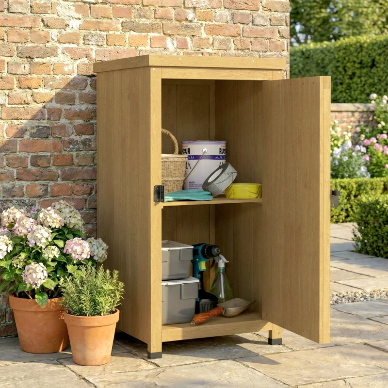 Outsunny Wooden Garden Shed, Garden Tool Storage Shed with Metal Top and Shelf, , Light Grey